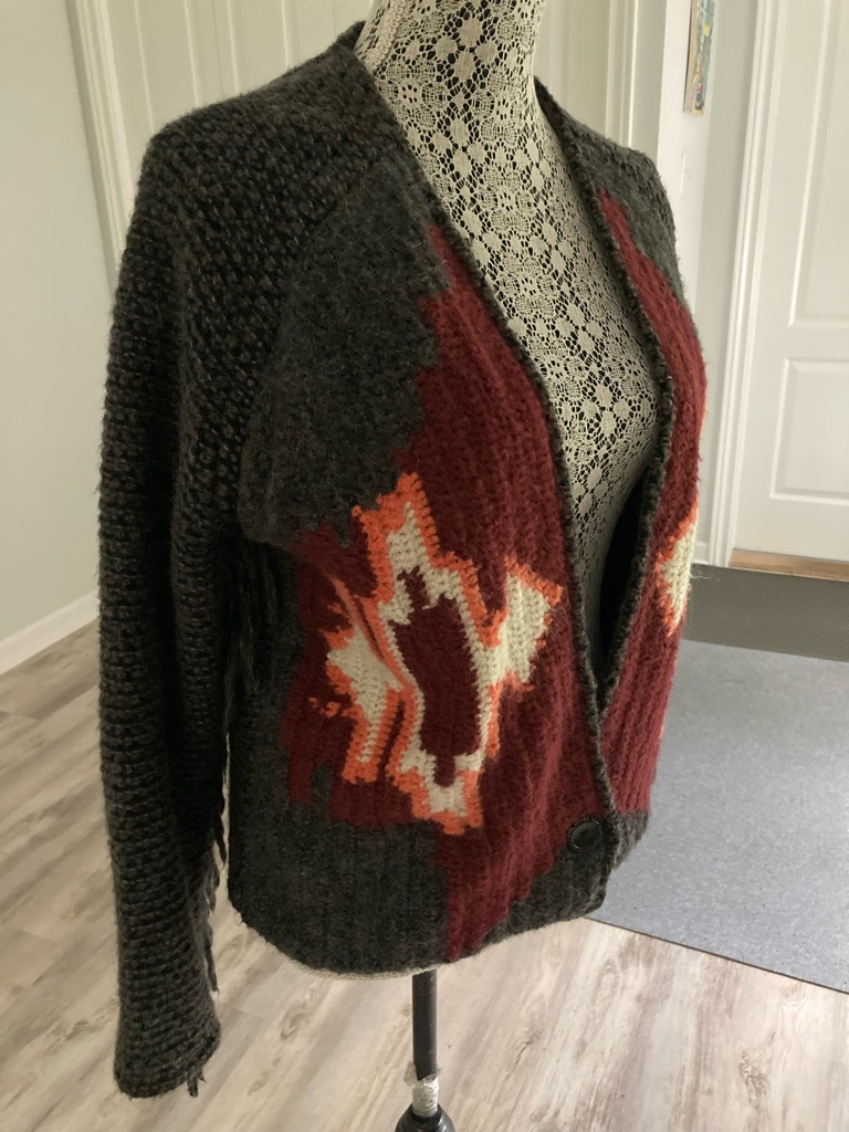 Maison Scotch Dark Charcoal Wool Cardigan/ Jacket With Red Wine & Salmon Pattern